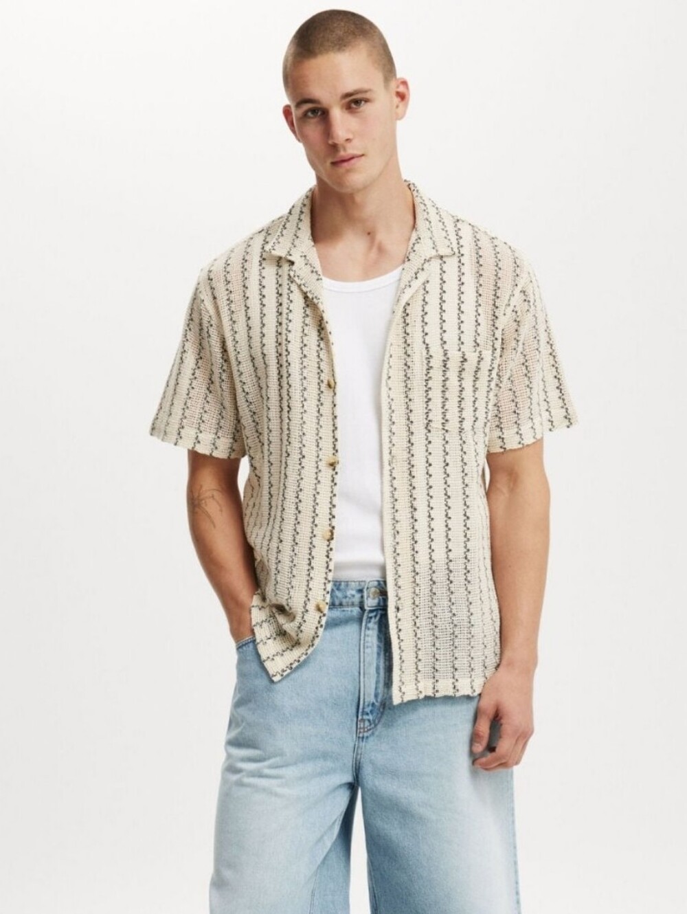 COTTON ON Palma Cream textured Knit Short Sleeve Shirt HAL3